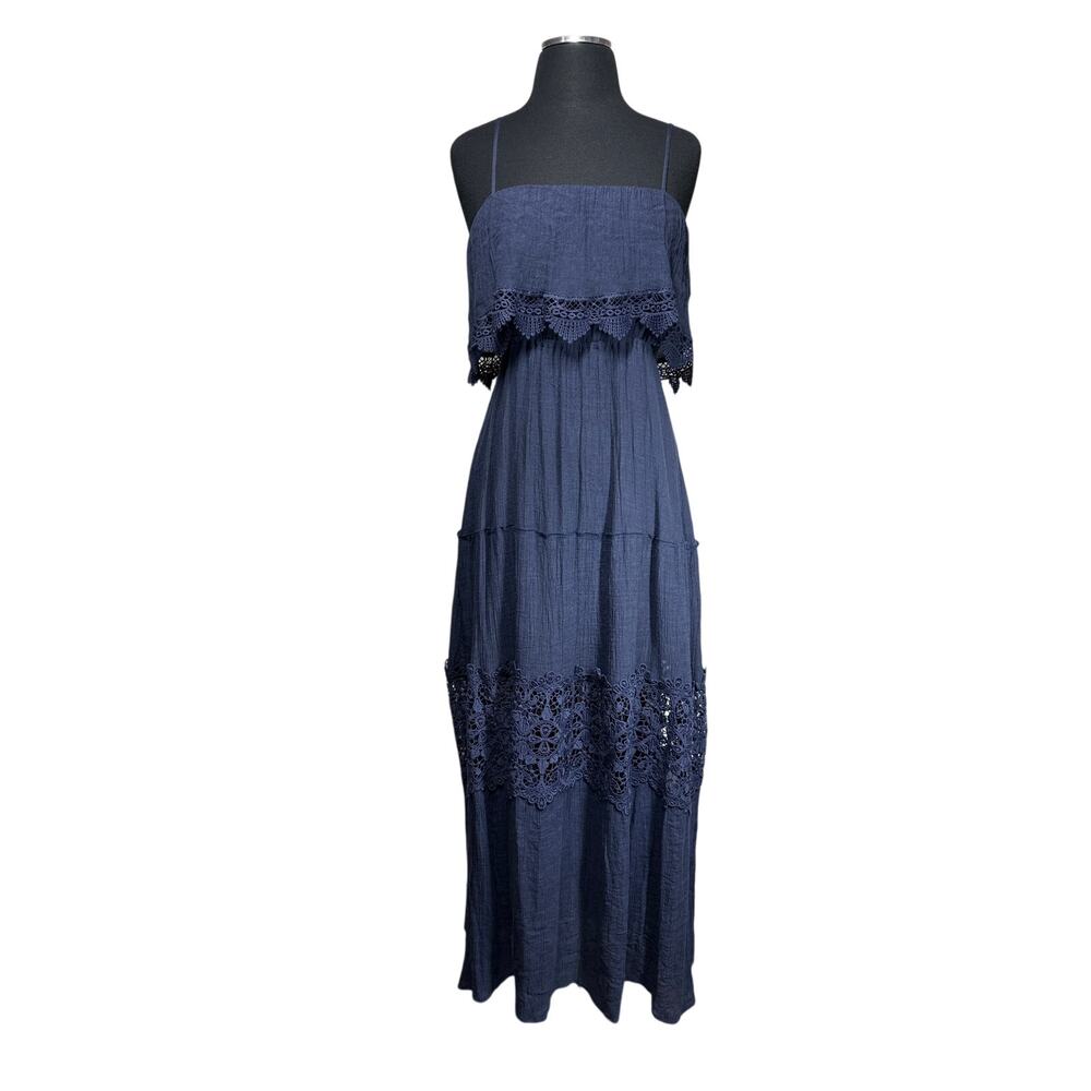 The Impeccable Pig Blue Maxi Dress Lace Trim Boho Adjustable Straps Sz L Summer